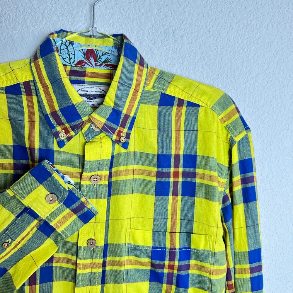 Vintage 1946 Mens Plaid Button Down Shirt Yellow Blue‎ Cotton Tropical Trim Sz M